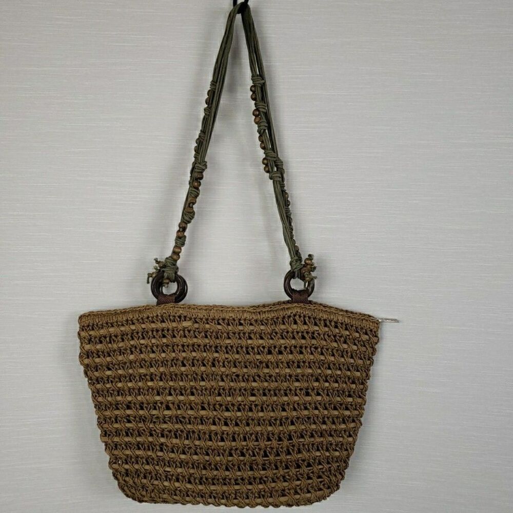 Sun N' Sand Woven Shoulder Bag Purse Wood Beads Beach Boho Pockets Zip Closure